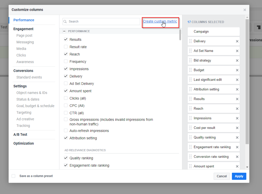Creating a custom metric in Facebook Ads Manager