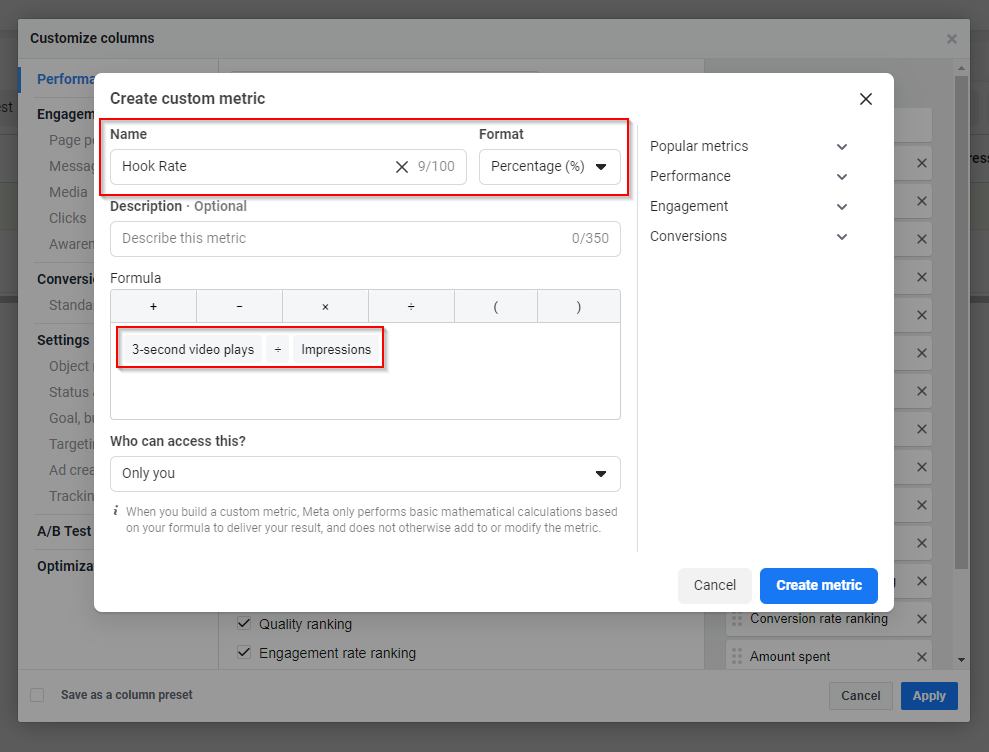 Creating a custom metric in Facebook Ads Manager